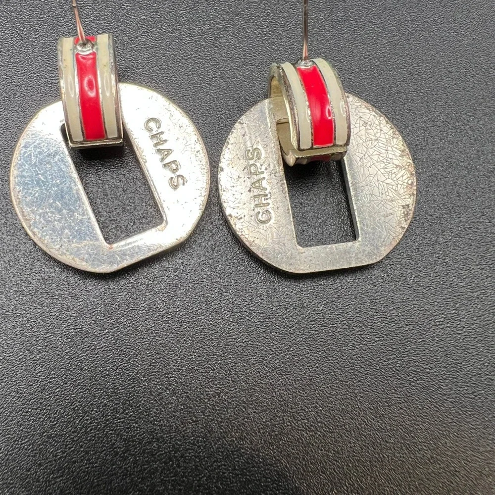 Chaps Drop Earrings Red White Enamel Silver Tone Geometric Bold Striped Nautical